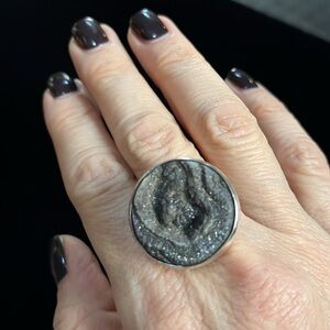 Starborn Creations Black druzy ring, sterling silver adjustable, large stone